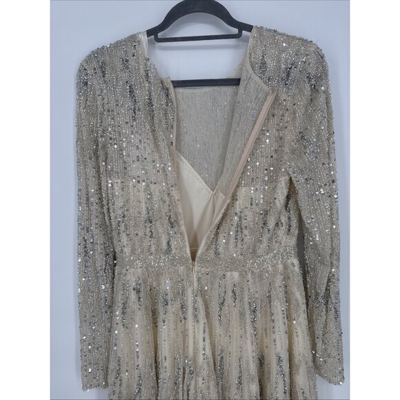 Mac Duggal Size 8 5923 Nude Silver Long Sleeve Embellished Cocktail Dress $498 - Picture 14 of 16